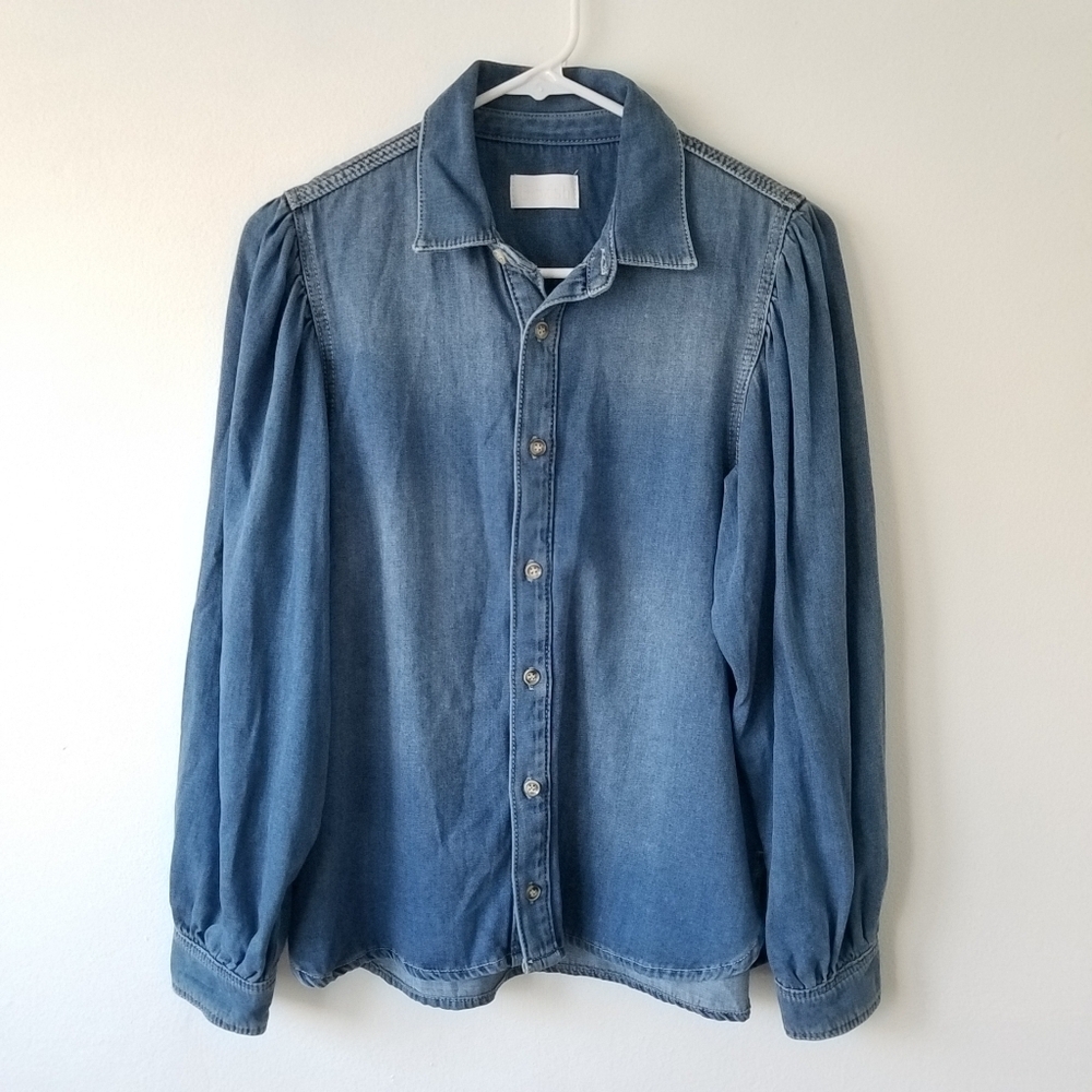 Boyish Puff Sleeve Chambray Denim Button Front Cotton Shirt Size Small